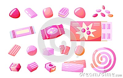 Bubblegum collection. Chewy sweet mint candy gumballs, cartoon gum flavor stick balls, mint dragee product. Vector Vector Illustration