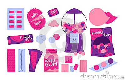 Bubblegum types set. Various sweet chewing candy: ball, stick, dragee, pillow, roll. Oral hygiene concept. Chewing gum collection Vector Illustration