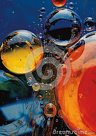 Bubbles in a blue drink with red and yellow colors mixing togeth Stock Photo