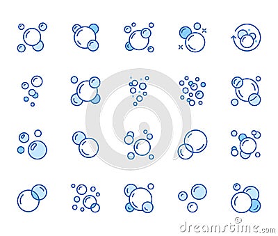 Bubbles flat line icons set. Soap foam, fizzy drink, oxygen bubble pictogram, effervescent effect vector illustrations Vector Illustration