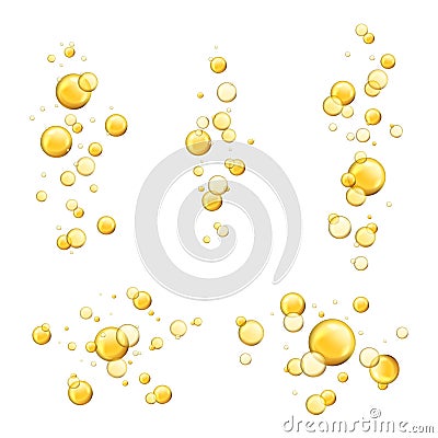 Bubbles oil. Shiny realistic drops, cosmetic gold pill capsule collagen serum. Oily vitamin essence droplets. Flying yellow liquid Vector Illustration