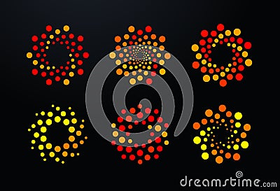 Bubbles points dots logo set, orange spiral round logos template. Abstract hurricane, vortex, sun, hot wheel sign Vector Illustration