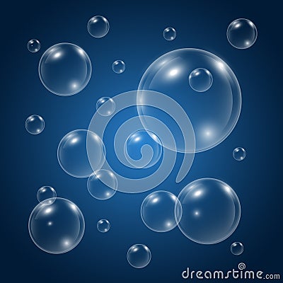 Bubbles in water on blue background. Vector water bubbles. Underwater fizzing air bubbles. Soap shiny bubbles texture Vector Illustration