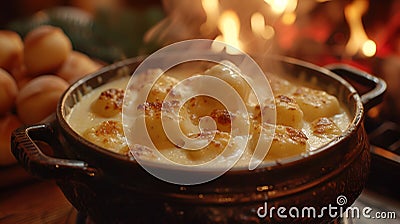 Bubbling cheese fondue with golden-browned potatoes, a hearty dish in an ornate pot by a warm fireside Stock Photo