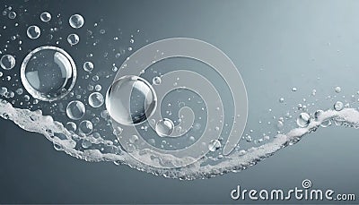 Bubbling fizz and refreshing beauty care products cleanliness or reviving vitality. Gas bubbles levitating, blue gray background Stock Photo