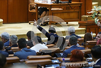 The lider of a parliamentary group signals to his coleagues Editorial Stock Photo