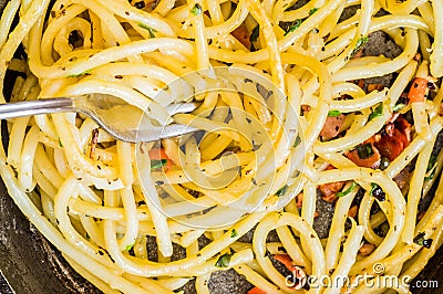 Bucatini pasta with a fork closeup Stock Photo