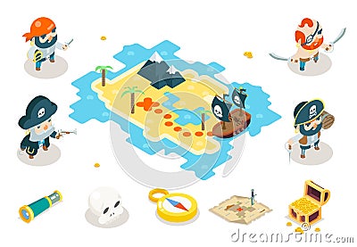 Buccaneer Filibuster Corsair Ocean Sea Dog Pirate Treasure Adventure Game RPG Map Characters Icon Isometric Symbol Vector Illustration