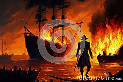 The buccaneer with flaming torch standing on vessel with loot observing sinking vessel Stock Photo