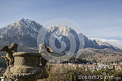 Bucegi Mountains, seen from Cantacuzino Palace yard Stock Photo
