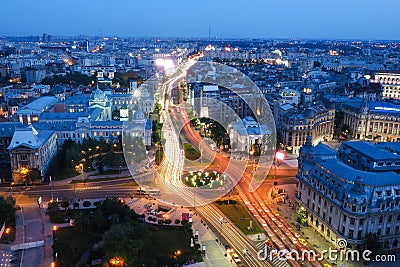 Bucharest city at night. University Square, KM 0 of the Capital Editorial Stock Photo