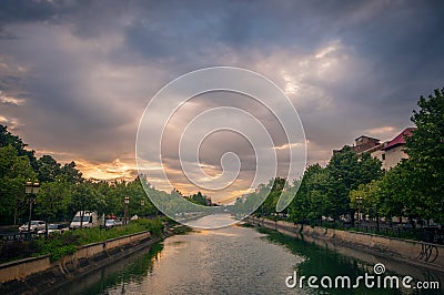 Bucharest cityscape on a cloudy day from the Dambovita river Editorial Stock Photo