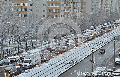 Bucharest congested road traffic due to the snow deposited Editorial Stock Photo