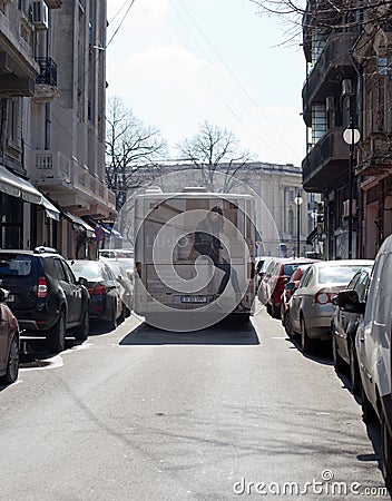 BUCHAREST - MARCH 17: Bus on George Enescu street in Bucharest. Photo taken on March 17, 2018 Editorial Stock Photo