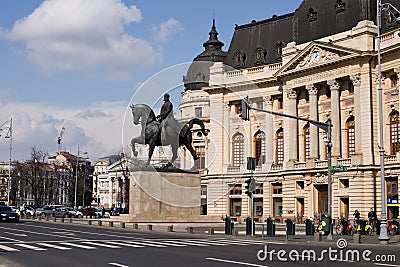 BUCHAREST - MARCH 17: Equestrian statue of Carol I in front of the Royal Palace. Photo taken on March 17, 2018 in Bucharest Editorial Stock Photo