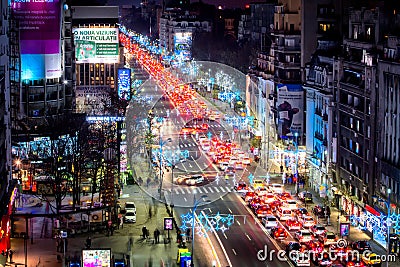 Bucharest night cityscape center in Christmas time Editorial Stock Photo