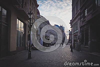 Bucharest old town. Historic city center street at evening. Editorial Stock Photo