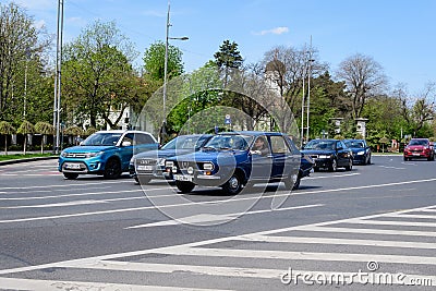 Bucharest, Romania, 24 April 2021 Old retro dark blue Romanian Dacia 1300 classic car in traffic in a street in a sunny spring day Editorial Stock Photo