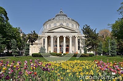 Bucharest architecture: Romanian Athenaeum in spring Editorial Stock Photo