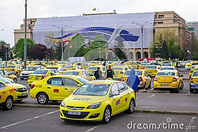 Taxi drivers protesting against Uber and Clever companies, in Victory Square Piata Victoriei Editorial Stock Photo