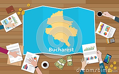 Bucharest romania capital city region economy growth with team discuss on fold maps view from top Cartoon Illustration