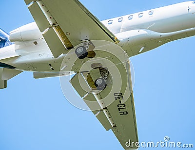 Close up detail with the Landing gear of a Cessna 680A Citation Latitude business jet Editorial Stock Photo
