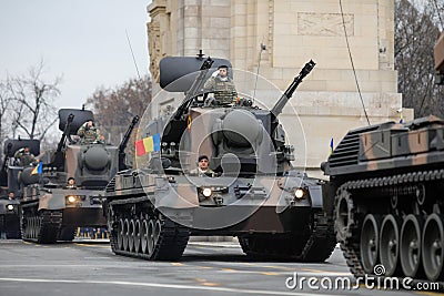 Gepard, an all-weather-capable German self-propelled anti-aircraft gun SPAAG at Romanian National Day military parade Editorial Stock Photo