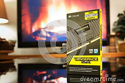 Packaging box of Corsair DDR RAM dual kit, LPX Vengeance Black 32GB DDR4 3200 MHz, CL 16, on a reflective surface Editorial Stock Photo