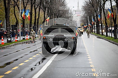 Romanian Army High Mobility Multipurpose Wheeled Vehicle HMMWV, colloquial Humvee at the Romanian National Day military parade Editorial Stock Photo