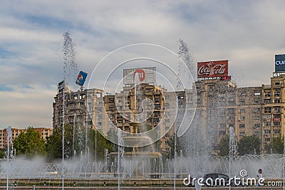 Bucharest, Romania. Decorative fountain with small water drops in Unirii Square. Editorial Stock Photo