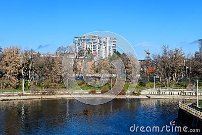 Bucharest, Romania, 7 January 2021: Landscape with white cloudy sky and the Herastrau Lake (Lacul Herastrau) Editorial Stock Photo