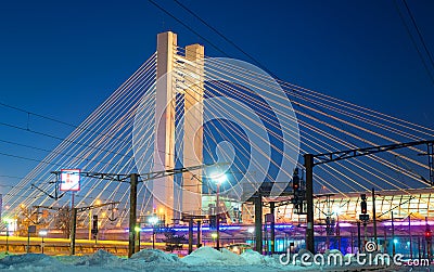BUCHAREST, ROMANIA - January, 2016: View on Basarab Bridge with North Railway Station at night, in Bucharest Editorial Stock Photo