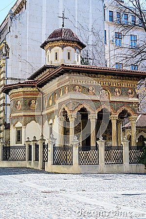 Bucharest, Romania, 27 March 2021: Main historical building of Stavropoleos Monastery Church Biserica Stavropoleos in the old Editorial Stock Photo