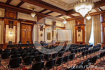 BUCHAREST, ROMANIA - MARCH 13, 2023: Selective blur on empty chairs in a conference hall with opulent design in the interior of Editorial Stock Photo