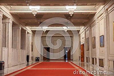 BUCHAREST, ROMANIA - MARCH 13, 2023: Selective blur opulent design of a lobby hall in the interior of the Romanian palace of Editorial Stock Photo