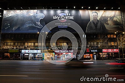 BUCHAREST, ROMANIA - MARCH 16, 2023: Selective blur on poster advertizing for skyshotime services on Boulevard nicolae Balcescu Editorial Stock Photo