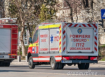 SMURD ambulance in traffic. SMURD is an emergency rescue service based in Romania Editorial Stock Photo