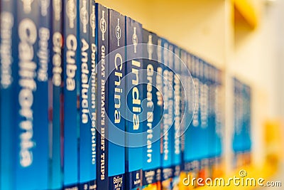 Cities Of The World And Country Travel Books For Sale On Bookstore Shelf Editorial Stock Photo
