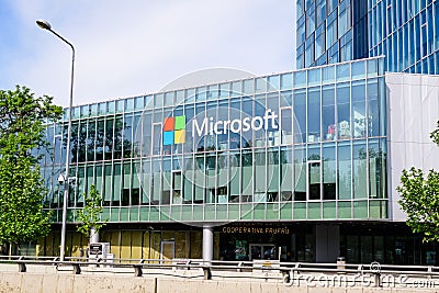 Bucharest, Romania - 15 May 2021: Microsoft headquarter and offices in City Gate Towers in the Northern part of the city in a Editorial Stock Photo