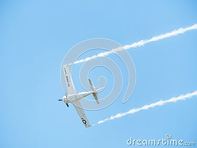 North American T-28B Trojan war aircraft part of the Flying Bulls fleet flying against the sky Editorial Stock Photo