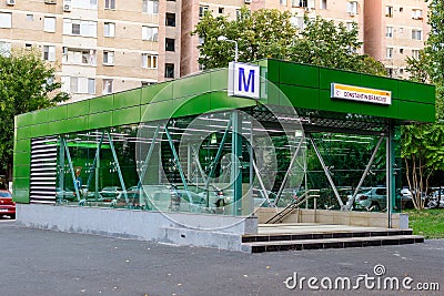 Bucharest, Romania - 1 October 2021: Main entry to Constantin Brancusi metro station in Dr Taberei or Drumul Taberei neighbourhood Editorial Stock Photo