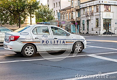 Bucharest/Romania - 10.02.2020: Police car on the street. Romanian police patrolling Editorial Stock Photo