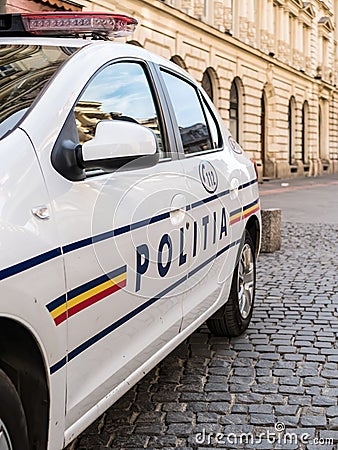 Bucharest/Romania - 10.01.2020: Police car on the street. Romanian police patrolling. Close up Editorial Stock Photo