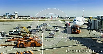 airplane gate ready for passengers in Bucharest, Romania Editorial Stock Photo