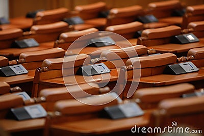 Empty seats in the Romanian Chamber of Deputies inside the Palace of Parliament Editorial Stock Photo