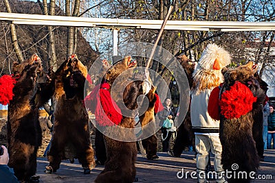 Bucharest, Romania, 25th of December 2019: Christmas tradition festival in Balkans, Romanian dancers and actors in traditional Editorial Stock Photo