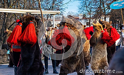 Bucharest, Romania, 25th of December 2019: Christmas tradition festival in Balkans, Romanian dancers and actors in traditional Editorial Stock Photo