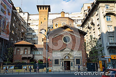 Bucharest, Rumania - 28.04.2018: The Italian Church of the Most Holy Redeemer, located on busy Nicolae Balcescu Editorial Stock Photo