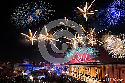 Bucharest skyline with fireworks , aerial view Editorial Stock Photo