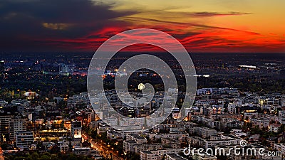 Bucharest skyline after sunset with aerial view Editorial Stock Photo